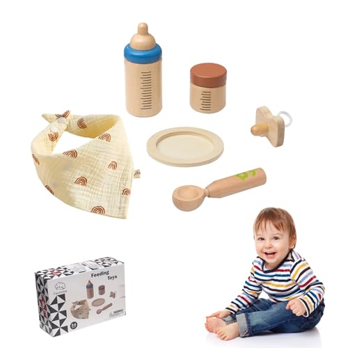 Huraoerrrr Babypuppen -Fütterungsset realistische hölzerne Babypuppen -Fütterungszubehör mit Löffel, Abschnittsteller, Milchflasche und mehr, Babypuppenzubehör für das Spielzeugspielspielzeug Spielen von Huraoerrrr