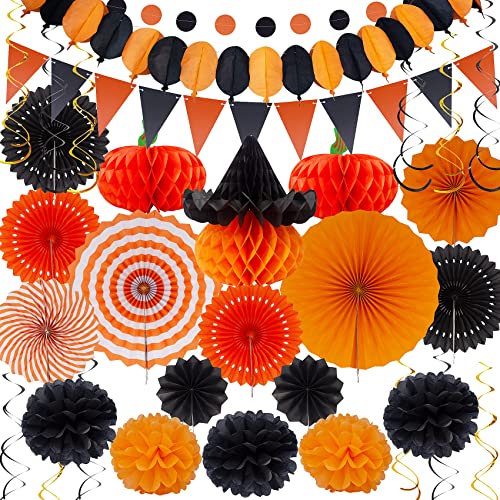 Halloween Party Deko Festival Set – Huryfox 33pcs Geburtstags Fiesta Kinder Dekoration Papier Pompons Liefert Girlande Zum AufhäNgen Mit WabenbäLlen, Geeignet füR Halloween Garten Innen Heimdekoration von Huryfox