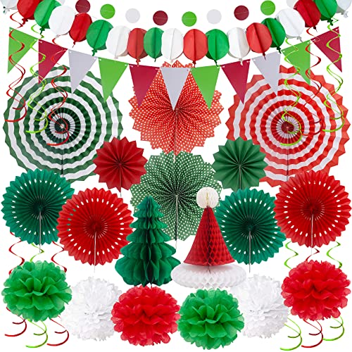 Weihnachten Party Deko Festival Set – Huryfox 33pcs Christmas Geburtstags Fiesta Kinder Dekoration Papier Pompons Liefert Girlande WabenbäLlen Geeignet für Garten and Home Deko von Huryfox