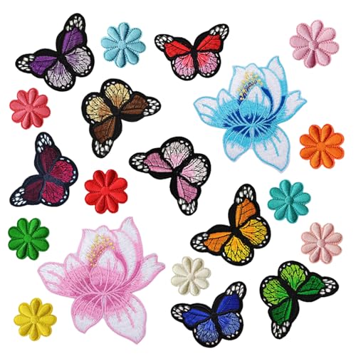 20 Stück Bügelflicken Schmetterlinge und Blumen, Stickerei Flicken zum Aufbügeln, Kleidung Reparieren Bügelflicken Kinder Erwachsene, Aufnäher zum Aufbügeln für DIY-Taschen, Kleidung, Hüte von Husalsea