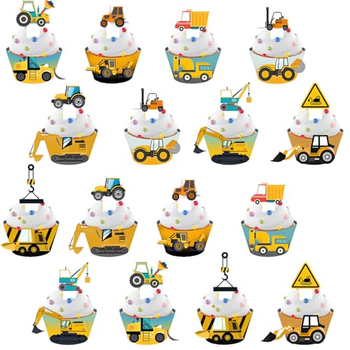 Cake Topper Geburtstag 32 StüCke Cupcake Deko Topper Und Wrapper Sets Cupcake Topper Cars Traktor Bagger Deko Kindergeburtstag FüR Kinder Jungen Happy Birthday Party Dekorationen von Husalsea