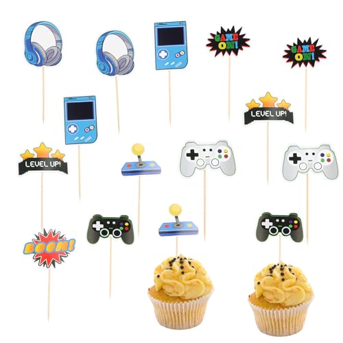 16 Stück Gaming Thema Tortendeko, Videospiel Tortendeko Geburtstag Glitter Gaming Happy Birthday Cupcake Kindergeburtstag Spiel Thema Party Dekoration von Husalsea