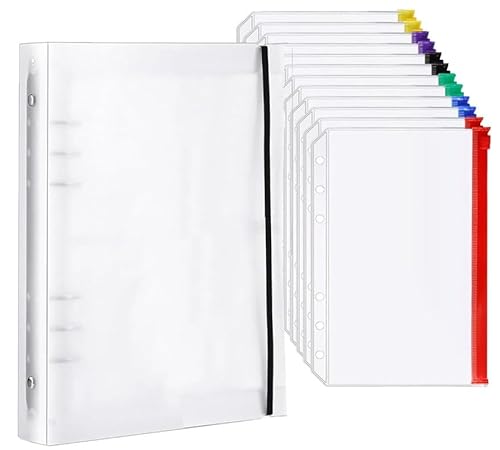 Ringbuch A5, Budget Planner, Ringbuch Mit 12 Pvc-ReißVerschlusstaschen, A5 Ordner Transparentes, Gefrostetes Pp-Material, 6 Ringe, Ideal Zum Ordnen Von Fotos, Karten Und SammlerstüCken von Husalsea