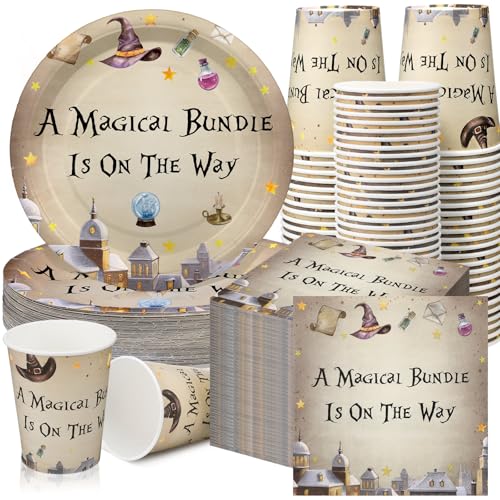 Hushee 200 Stück Magical Wizard Baby Shower Pappteller Servietten Becher Babyparty Party Supplies Geschirr-Set Magical Wizard Thema Einwegbecher Serviette für 50 Gäste Sets Party Dekoration Junge von Hushee