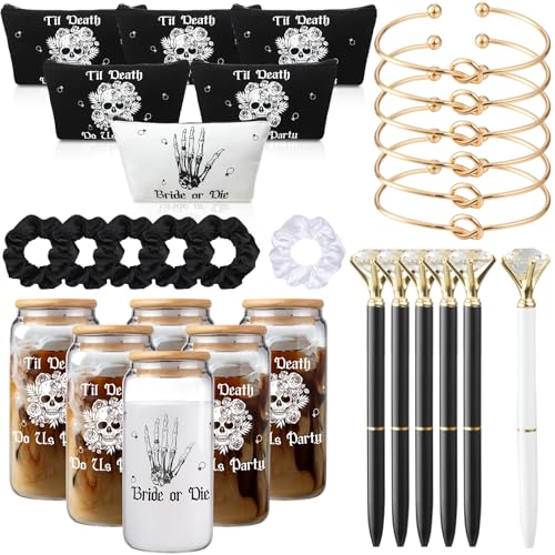 Hushee 30 Stück Braut- oder Die-Bachelorette-Partyzubehör bis zum Tod, Brautjungfern, Geschenke, 473 ml, Glasbecher, Make-up-Tasche, Haargummi, geknotetes Armband, Diamantstift für Gothic, Halloween, von Hushee