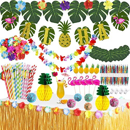 Hawaii Party Dekoration Set,114 Stück Luau Grass Tischrock Palmblätter, Hawaiian Blumen,Aloha Banner,ObstStroh,Mehrfarbige Regenschirme für BBQ Garden Sommer Tiki Tropischen Beach Deko von Hutato
