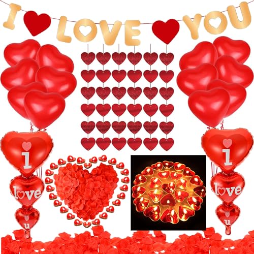 Valentinstag-Luftballon-Dekorationsset – 1000 Stück rote Rosenblätter, Herzballons/Kerze/Girlande, "I Love You" Folienballons und Filzgirlande, Banner für Valentinstag, Verlobung, Hochzeit, Jahrestag von Hutato