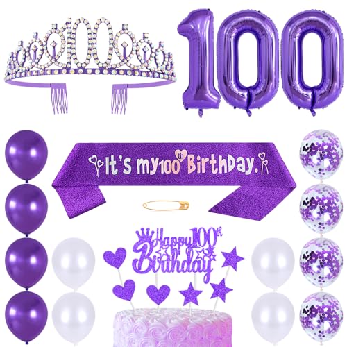 100. Geburtstags Krone Schärpe Frauen Kristall Queen Tiara Princess Crown 100 Jahre Geburtstag Tortendeko Helium Foil Ballons Lila Luftballon Zahl 100 Geburtstagsdeko für Damen Party Dekorations von Huture