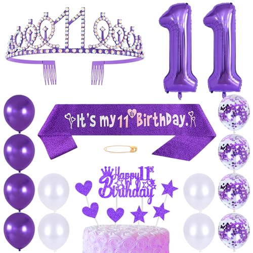 11. Geburtstags Krone Schärpe Mädchen Kristall Queen Tiara Princess Crown 11 Jahre Geburtstag Tortendeko Helium Foil Ballons Lila Luftballon Zahl 11 Geburtstagsdeko für Mädchen Party Dekorations von Huture