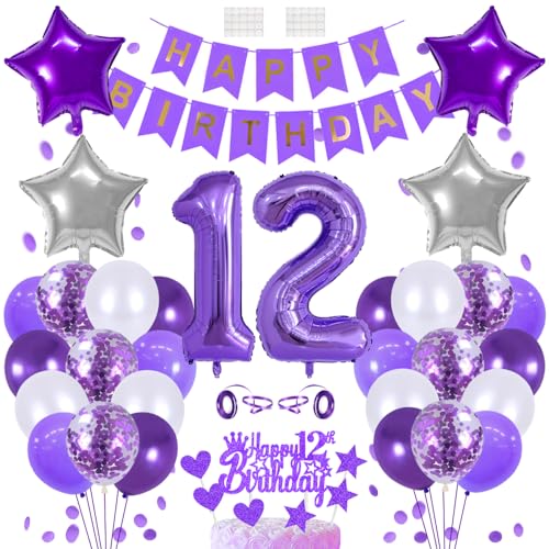 12 Geburtstags Deko 12 Jahre Geburtstag Tortendeko Junge 12th Geburtstag Dekoration Lila Kuchendeko Happy Birthday Banner Luftballon Zahl 12. Geburtstagsdeko für Jungen Mädchen Party Dekorations von Huture