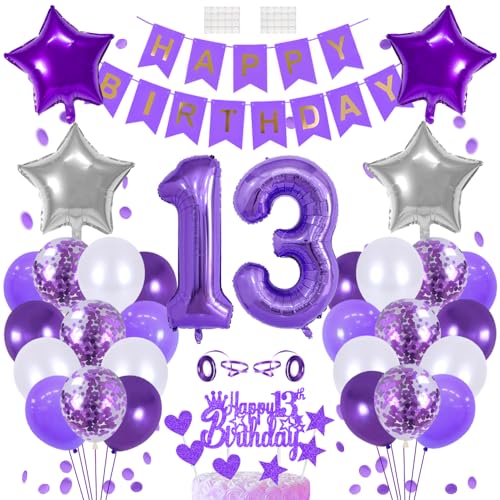 13 Geburtstags Deko 13 Jahre Geburtstag Tortendeko Junge 13th Geburtstag Dekoration Lila Kuchendeko Happy Birthday Banner Luftballon Zahl 13. Geburtstagsdeko für Jungen Mädchen Party Dekorations von Huture