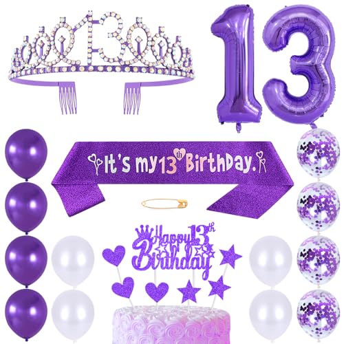 13. Geburtstags Krone Schärpe Mädchen Kristall Queen Tiara Princess Crown 13 Jahre Geburtstag Tortendeko Helium Foil Ballon Lila Luftballon Zahl 13 Geburtstagsdeko für Mädchen Party Dekorations von Huture