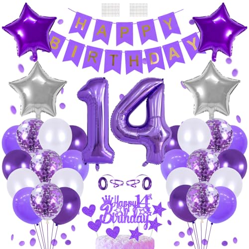 14 Geburtstags Deko 14 Jahre Geburtstag Tortendeko Junge 14th Geburtstag Dekoration Lila Kuchendeko Happy Birthday Banner Luftballon Zahl 14. Geburtstagsdeko für Jungen Mädchen Party Dekorations von Huture