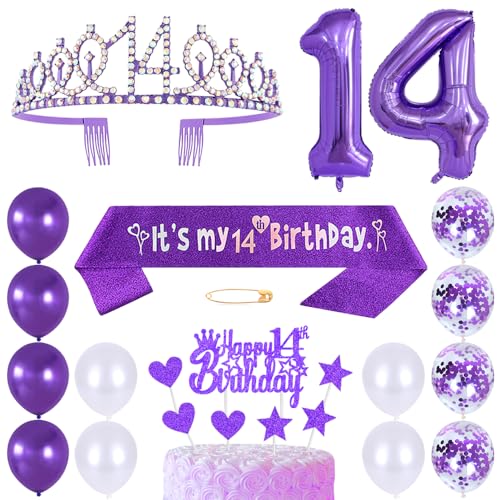 14. Geburtstags Krone Schärpe Mädchen Kristall Queen Tiara Princess Crown 14 Jahre Geburtstag Tortendeko Helium Foil Ballons Lila Luftballon Zahl 14 Geburtstagsdeko für Mädchen Party Dekorations von Huture