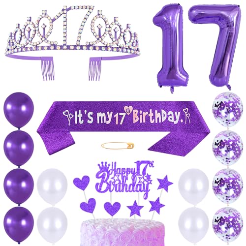 17. Geburtstags Krone Schärpe Mädchen Kristall Queen Tiara Princess Crown 17 Jahre Geburtstag Tortendeko Helium Foil Ballons Lila Luftballon Zahl 17 Geburtstagsdeko für Mädchen Party Dekorations von Huture