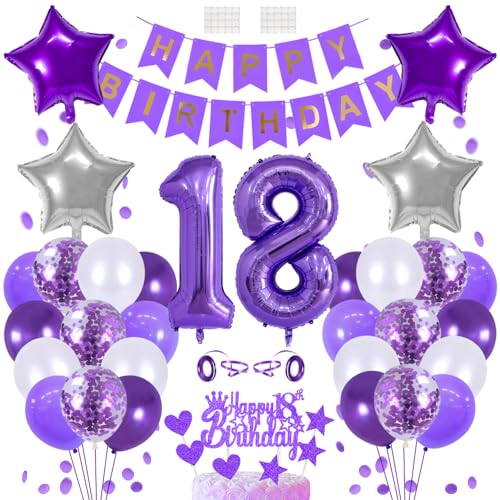 18 Geburtstags Deko 18 Jahre Geburtstag Tortendeko Junge 18th Geburtstag Dekoration Lila Kuchendeko Happy Birthday Banner Luftballon Zahl 18. Geburtstagsdeko für Jungen Mädchen Party Dekorations von Huture