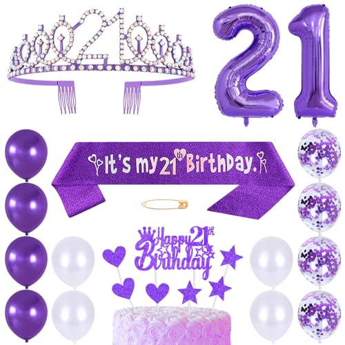 21. Geburtstags Krone Schärpe Frauen Kristall Queen Tiara Princess Crown 21 Jahre Geburtstag Tortendeko Helium Foil Ballons Lila Luftballon Zahl 21 Geburtstagsdeko für Damen Party Dekorations von Huture