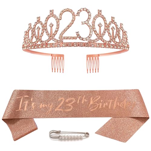 23. Geburtstag Schärpe Krone für Mädchen Roségold Kristall Queen Tiara Princess Crown 23th Birthday Schärpe 23. Geburtstagskrone Birthday Party Accessoires Geburtstagsdeko 23th Geburtstagsgeschenk von Huture