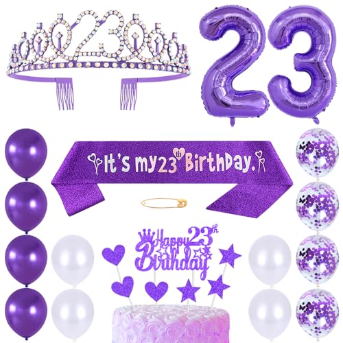 23. Geburtstags Krone Schärpe Frauen Kristall Queen Tiara Princess Crown 23 Jahre Geburtstag Tortendeko Helium Foil Ballons Lila Luftballon Zahl 23 Geburtstagsdeko für Damen Party Dekorations von Huture