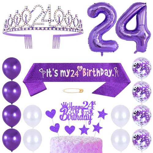 24. Geburtstags Krone Schärpe Frauen Kristall Queen Tiara Princess Crown 24 Jahre Geburtstag Tortendeko Helium Foil Ballons Lila Luftballon Zahl 24 Geburtstagsdeko für Damen Party Dekorations von Huture