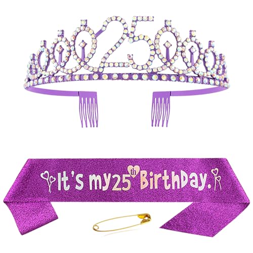 25. Geburtstag Schärpe Krone für Mädchen Damen Lila Kristall Queen Tiara Princess Crown 25th Birthday Schärpe 25. Geburtstagskrone Birthday Party Accessoires Geburtstagsdeko 25th Geburtstagsgeschenk von Huture