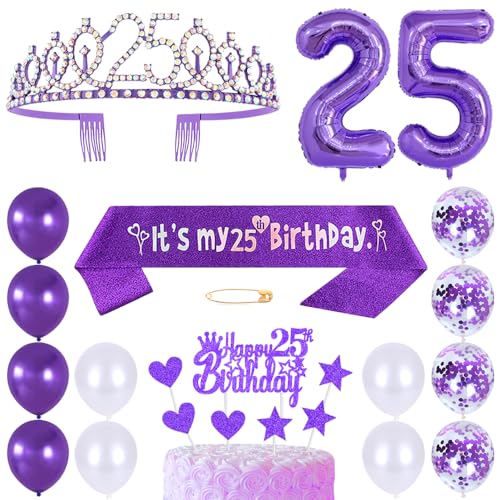 25. Geburtstags Krone Schärpe Frauen Kristall Queen Tiara Princess Crown 25 Jahre Geburtstag Tortendeko Helium Foil Ballon Lila Luftballon Zahl 25 Geburtstagsdeko für Damen Party Dekorations von Huture