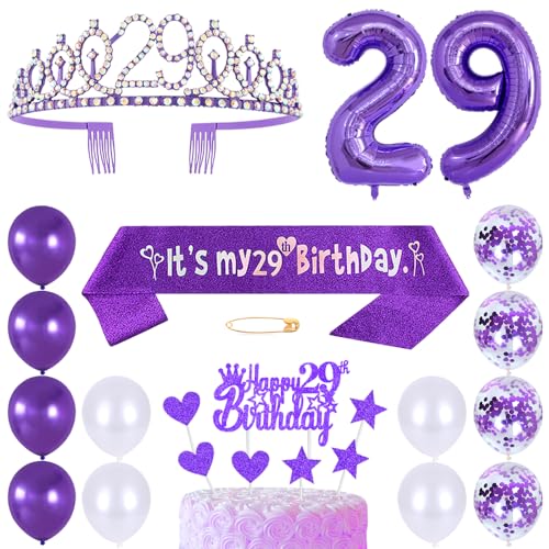 29. Geburtstags Krone Schärpe Frauen Kristall Queen Tiara Princess Crown 29 Jahre Geburtstag Tortendeko Helium Foil Ballons Lila Luftballon Zahl 29 Geburtstagsdeko für Damen Party Dekorations von Huture