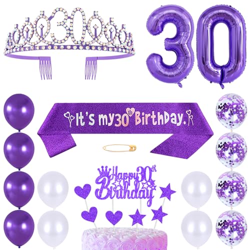 30. Geburtstags Krone Schärpe Frauen Kristall Queen Tiara Princess Crown 30 Jahre Geburtstag Tortendeko Helium Foil Ballons Lila Luftballon Zahl 30 Geburtstagsdeko für Damen Party Dekorations von Huture