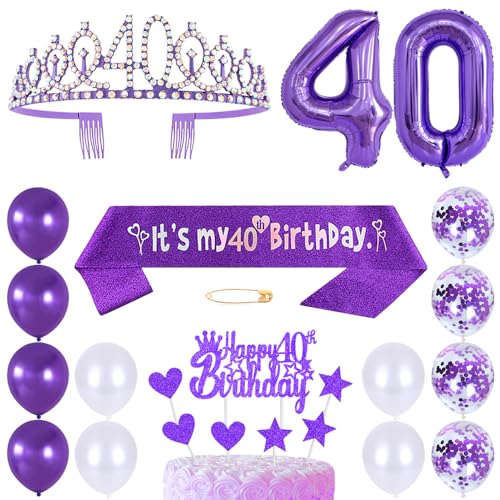 40. Geburtstags Krone Schärpe Frauen Kristall Queen Tiara Princess Crown 40 Jahre Geburtstag Tortendeko Helium Foil Ballons Lila Luftballon Zahl 40 Geburtstagsdeko für Damen Party Dekorations von Huture