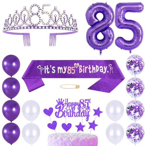 85. Geburtstags Krone Schärpe Frauen Kristall Queen Tiara Princess Crown 85 Jahre Geburtstag Tortendeko Helium Foil Ballons Lila Luftballon Zahl 85 Geburtstagsdeko für Damen Party Dekorations von Huture