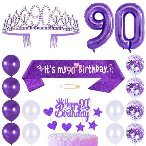 90. Geburtstags Krone Schärpe Frauen Kristall Queen Tiara Princess Crown 90 Jahre Geburtstag Tortendeko Helium Foil Ballons Lila Luftballon Zahl 90 Geburtstagsdeko für Damen Party Dekorations von Huture