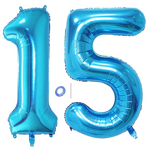 Huture 2 Luftballons Zahl 15 Figuren Aufblasbar Helium Folienballon Große Folienmylar Ballons Riesen Blau Ballons 40 Zoll Luftballons Zahl für Geburtstag Party Dekoration Abschlussball XXL 100cm von Huture