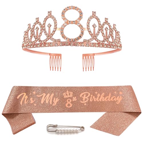 Huture 8. Geburtstag Schärpe Krone für Mädchen Roségold Kristall Queen Tiara Princess Crown 8th Birthday Schärpe 8. Geburtstagskrone Birthday Party Accessoires Geburtstagsdeko 8th Geburtstagsgeschenk von Huture