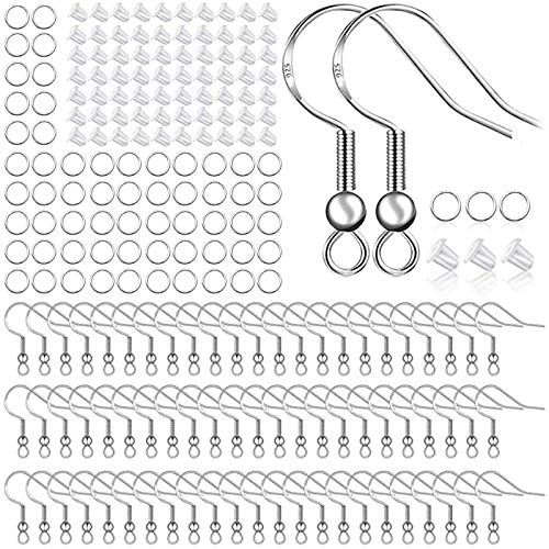 Ohrringhaken aus 925er Sterlingsilber, 150 Stück/75 Paar, Ohrdrähte, Fischhaken, 500 Stück, hypoallergenes Ohrringherstellungsset mit Biegeringe und transparenten Silikon-Ohrring-Verschlüssen (Silber) von Huucky