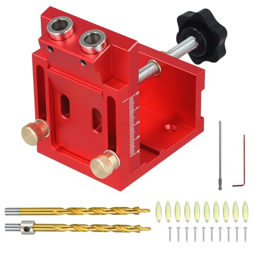 Pocket Hole Jig Set, Taschenloch Bohrschablone Schrägloch Bohrschablone Werkzeug Bohrer Set, Einstellbar Bohrhilfe Schrägloch für Holzbearbeitung mit 10 Schrauben 10 Dübelhilfe 2 Bohrer, Rot von HuuppHip