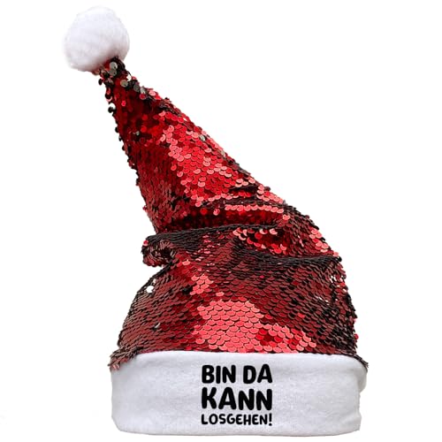 Huuraa Nikolausmütze Bin da kann losgehen Geschenk Pailletten Rot/Weiß Filz Bin da Mitbringsel von Huuraa