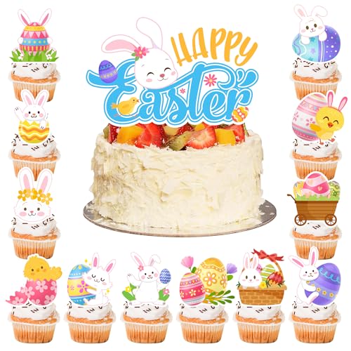 24 x Hasen-Cupcake-Topper und 1 x Happy Easter Kuchenaufsatz für Haseneier, Oster-Party-Dekorationen von Huxolynifty