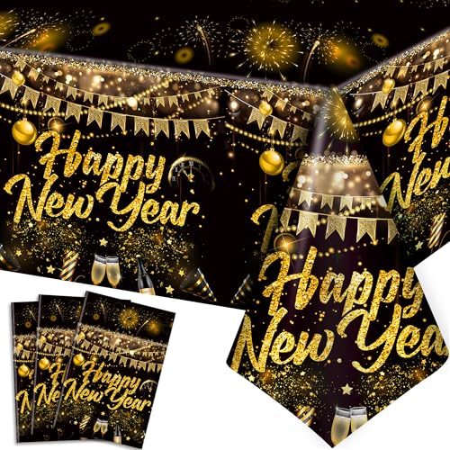 3 Tischdecke Silvester Deko 2025, 108 x 54IN Frohes Neues Jahr Tischdecken 2025 Neujahr Tischdecken, Schwarz und Gold Party Tischdecke für Neujahrsparty Happy New Year Deko 2025 von Huxolynifty