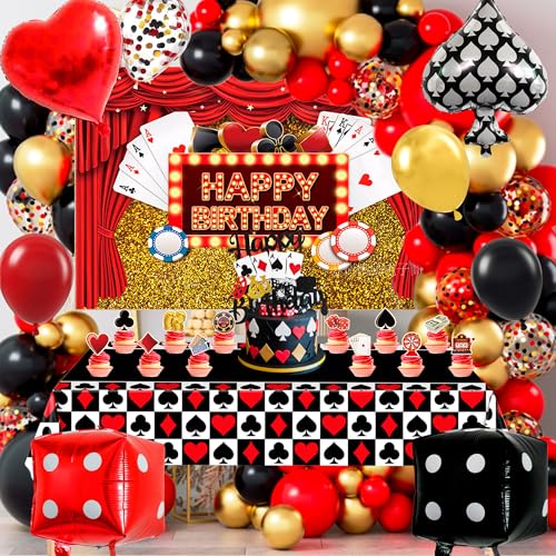 Casino Party Dekorationen, 85 Stück Casino Geburtstag Supplies - Luftballons Hintergrund Kuchen Topper Tischdecke etc Las Vegas Party Dekorationen von Huxolynifty