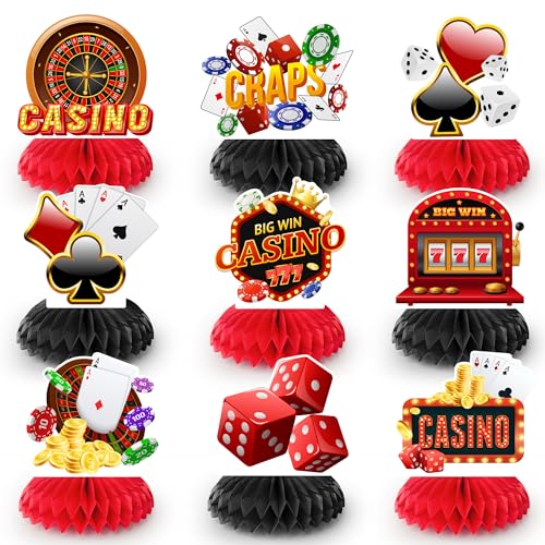 Casino Waben-Mittelstücke, 9 Stück, Casino-Thema, Waben-Mittelstücke und Casino-Tischdekorationen für Casino-Party-Dekorationen und Las Vegas-Party-Dekorationen von Huxolynifty