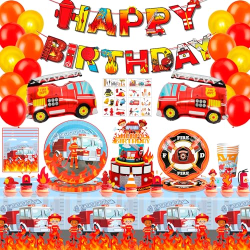 Feuerwehr Deko Kindergeburtstag,155pcs Feuerwehr Geburtstag Deko Partygeschirr Set Deko Feuerwehr Geburtstag luftballons Banner Feuerwehr Party Teller Tasse Tischdecke etc Feuerwehrauto Partyzubehör von Huxolynifty