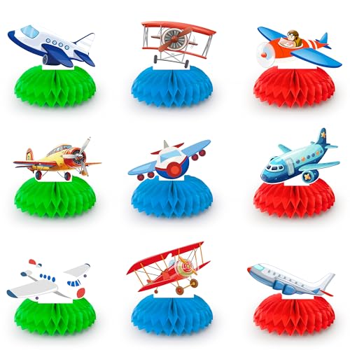 Airplane Honeycomb Centerpieces, 9 Pcs Flugzeug-Waben-Mittelstücke, Flugzeug Thema Party Dekoration Waben & Flugzeug Geburtstag Deko Waben für Airplane Birthday Party Dekorationen Zubehör von Huxolynifty