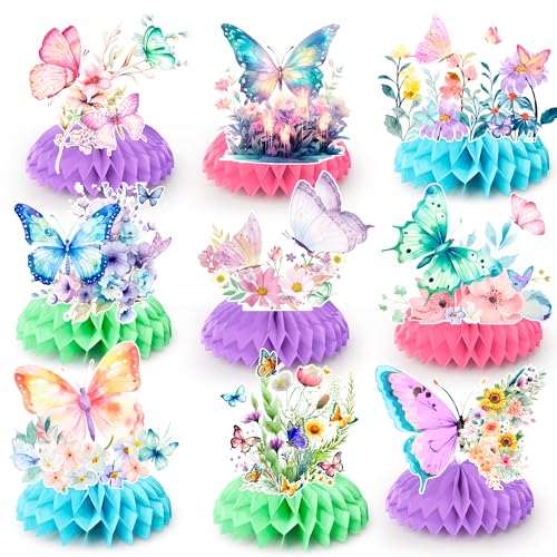 Schmetterlings-Waben-Mittelstück, 9pcs Schmetterlings Wabendekorationen Butterfly Party Waben Mittelstücke Schmetterlingspapierwabe Tischdekoration für Schmetterling Geburtstagsdeko & Party Dekoration von Huxolynifty