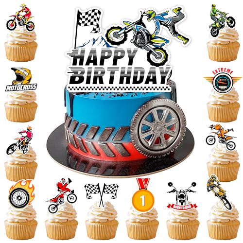 Kuchendekoration mit Motorradmotiv, 24 Pcs Motorrad Cupcake Topper Motorrad Cupcake Dekorationen & 1 Pcs Motorrad Kuchen Topper Tortendeko Motorrad für Motorrad Deko Geburtstag von Huxolynifty