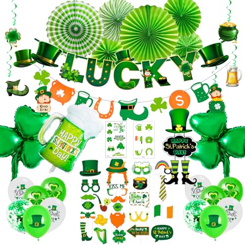 St. Patrick's Day Dekorationsset, 69 Stück St. Patricks Day Dekorationen – St. Patrick's Day Ballon, St. Patrick's Hanging Swirl & St. Patricks Day Hängebanner Foto Requisiten etc Irisches von Huxolynifty