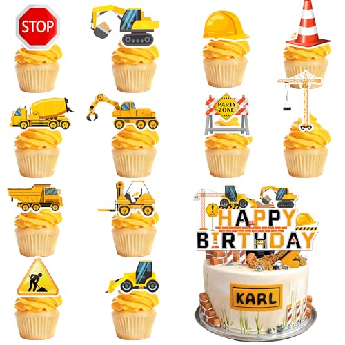 Tortenaufsätze, 13-teiliges Bagger-Thema-Kuchendekorationsset – Bagger-Kuchenaufsatz, Bagger-Thema, Cupcake-Topper und Baufahrzeuge, Kuchendekorationen für Fahrzeugparty, Bagger, von Huxolynifty