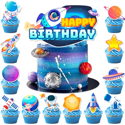 Tortendeko Weltraum, 24 Pcs Weltraum Cupcake Toppers Space Astronaut Cupcake Toppers & 1 Pcs Cupcake Topper Weltraum/Weltraum Thema Party Tortendeko, für Weltraum Deko Kindergeburtstag von Huxolynifty