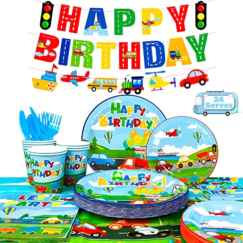 Auto Partygeschirr Kindergeburtstag Deko,190pcs Verkehr Partygeschirr Set Transport Party Banner Verkehr Geburtstag Deko Pappteller Servietten Tischdecken etc Transport Geburtstagsparty Zubehör von Huxolynifty