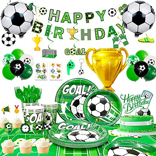 Fussball Deko Geburtstag Kinder, 181pcs Fussball Geburtstag Deko Fussball Geburtstag Partygeschirr Set Fußball Party Pappteller Tasse Tischdecke Fussball Luftballon Banner etc Fußball Deko Geburtstag von Huxolynifty