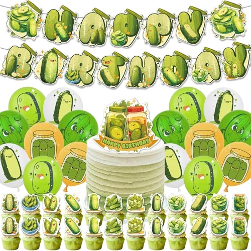 Huyfoig 42 Stück Pickle Party Dekorationen Banner, lustige Pickle Cupcake Toppers Luftballons Happy Birthday Schild Cartoon Gurke Ausschnitte für Geburtstag Baby Shower Party Supplies von Huyfoig